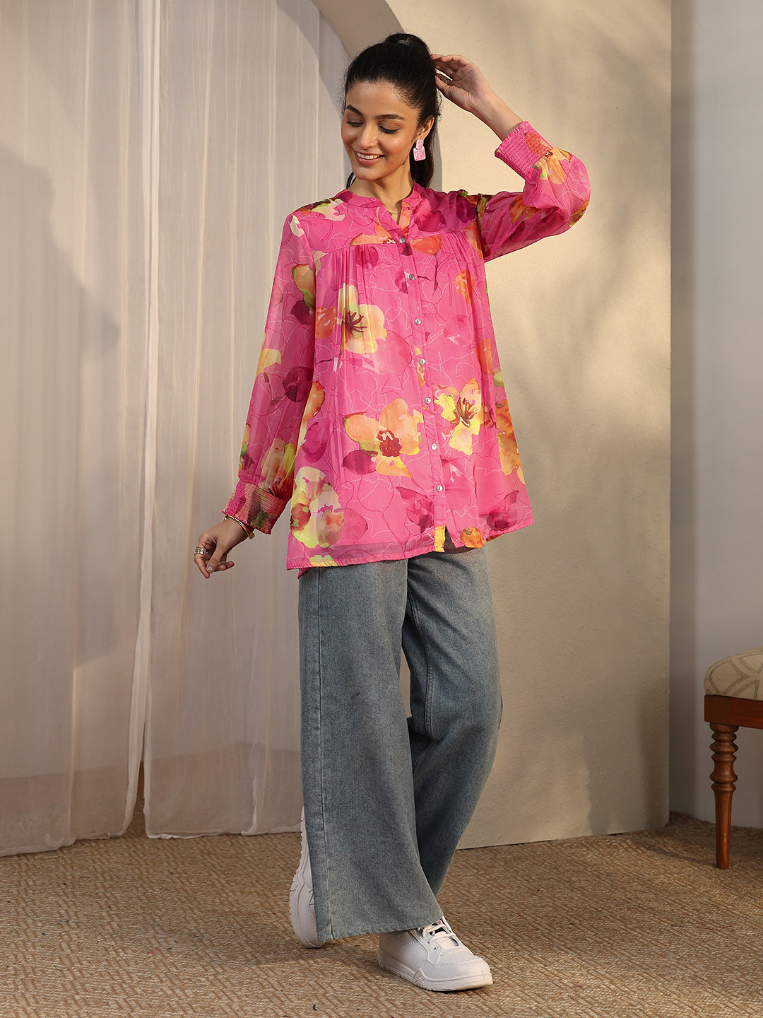 Libas Pink Printed Chiffon Straight Shirt