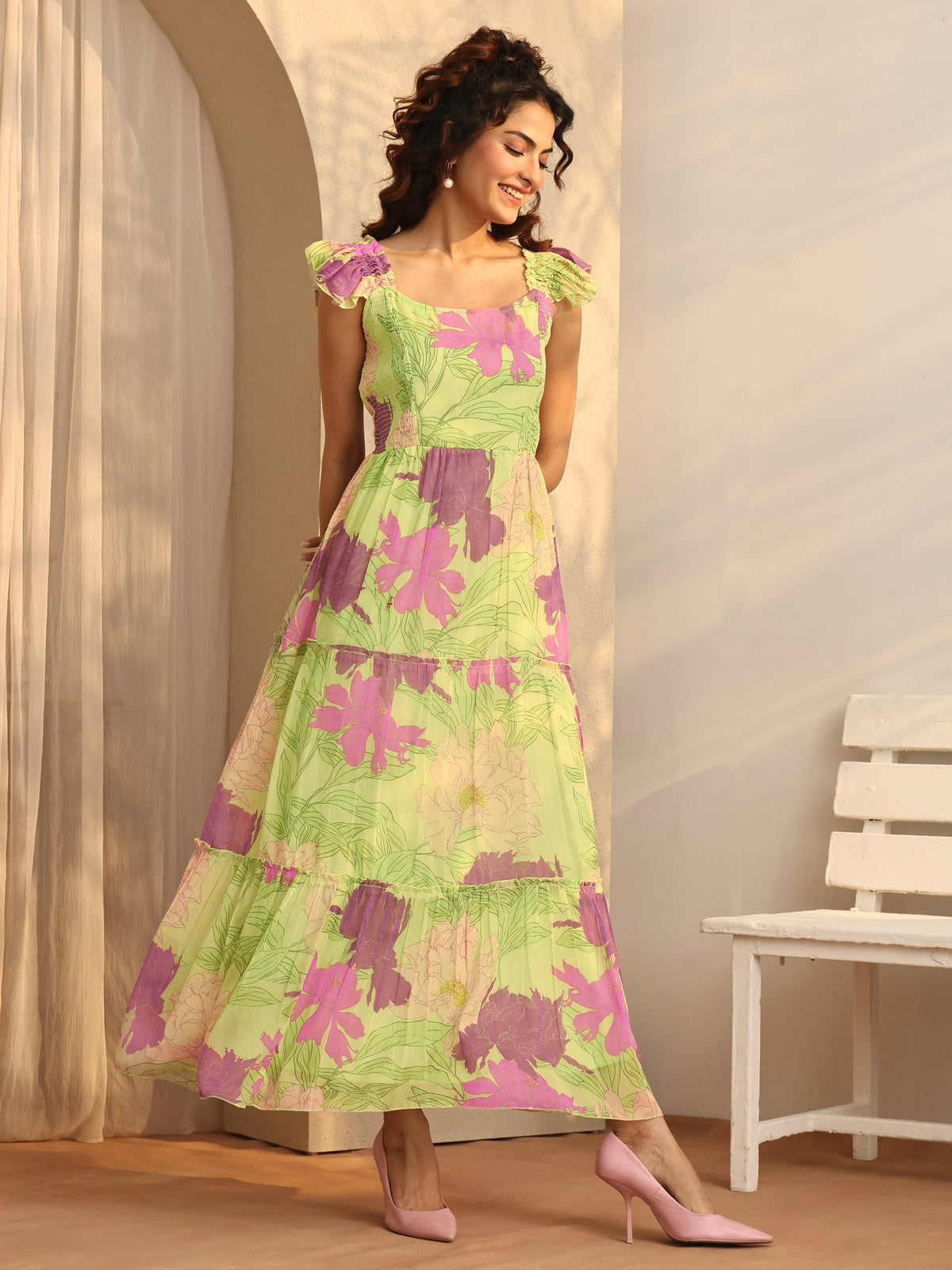 Libas Green Printed Chiffon Fit And Flare One Piece Dress