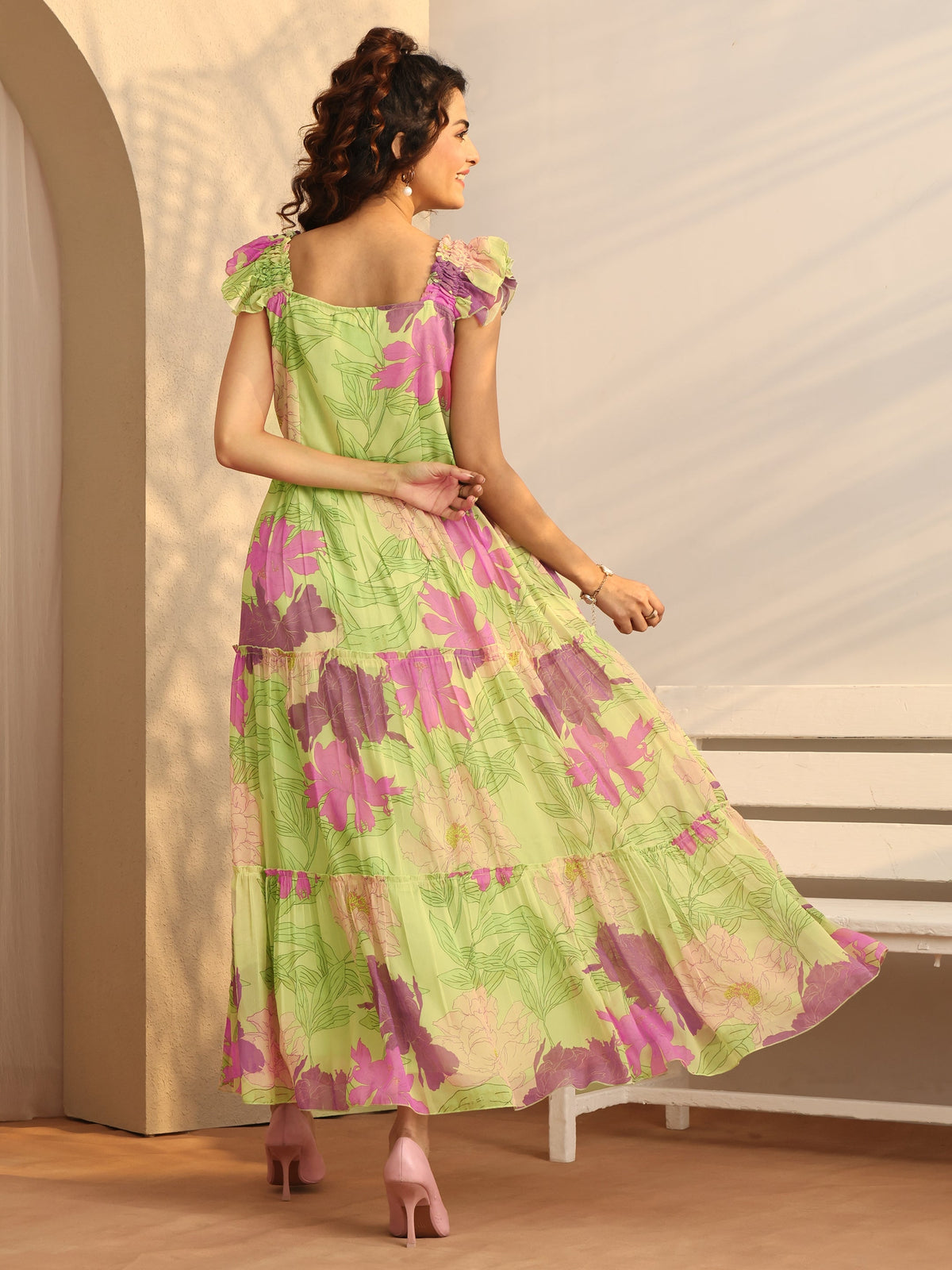 Libas Green Printed Chiffon Fit And Flare One Piece Dress