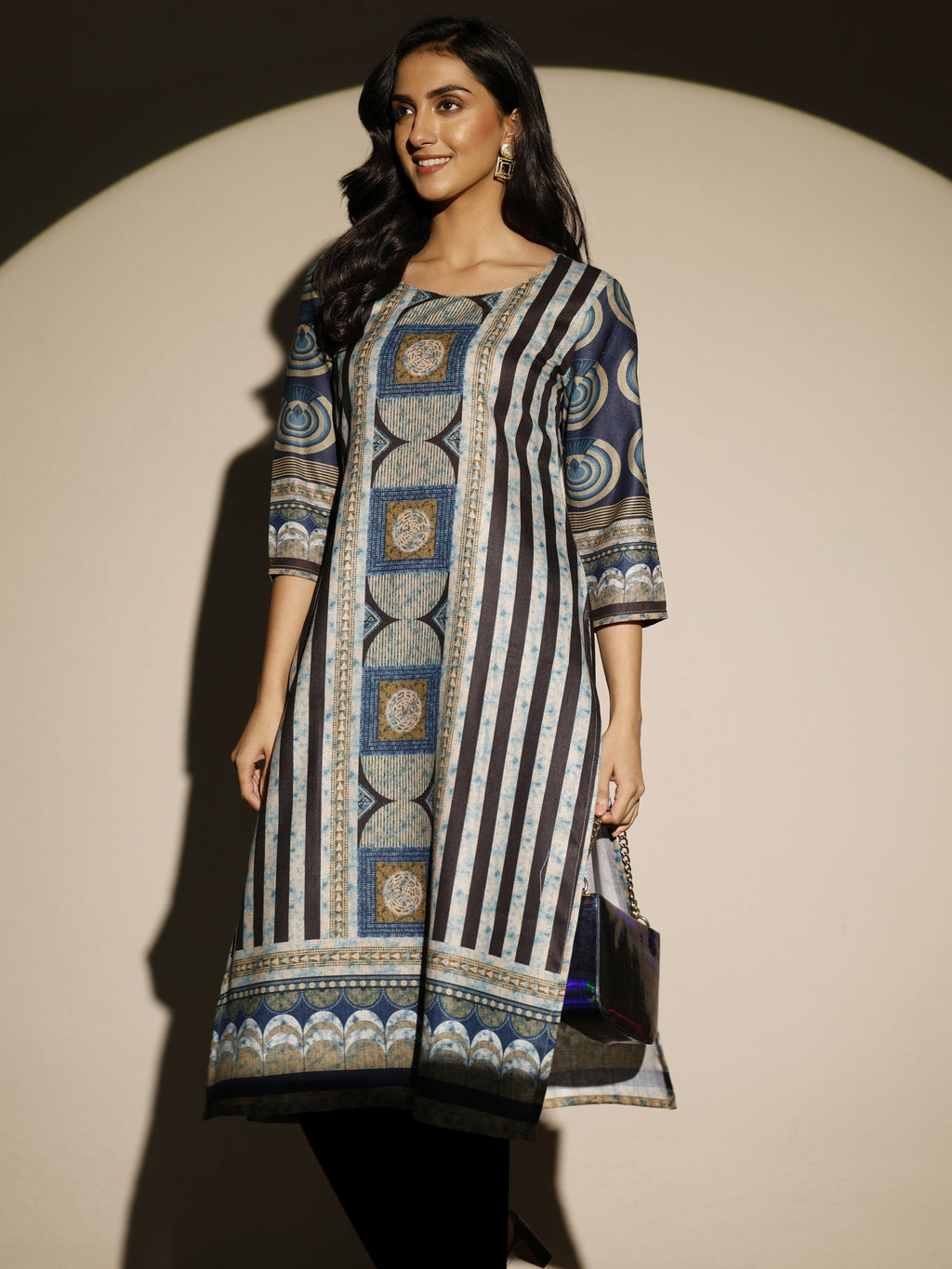Libas Blue Printed Cotton Blend Straight Kurta