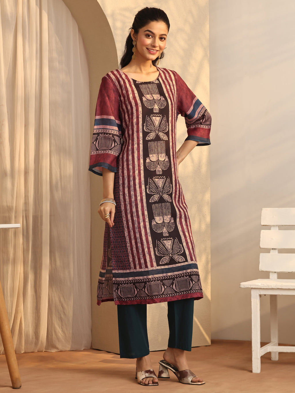 Libas Maroon Striped Printed Cotton Blend Straight Kurta