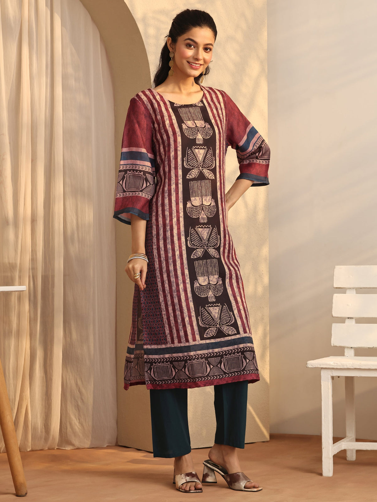 Libas Maroon Striped Printed Cotton Blend Straight Kurta