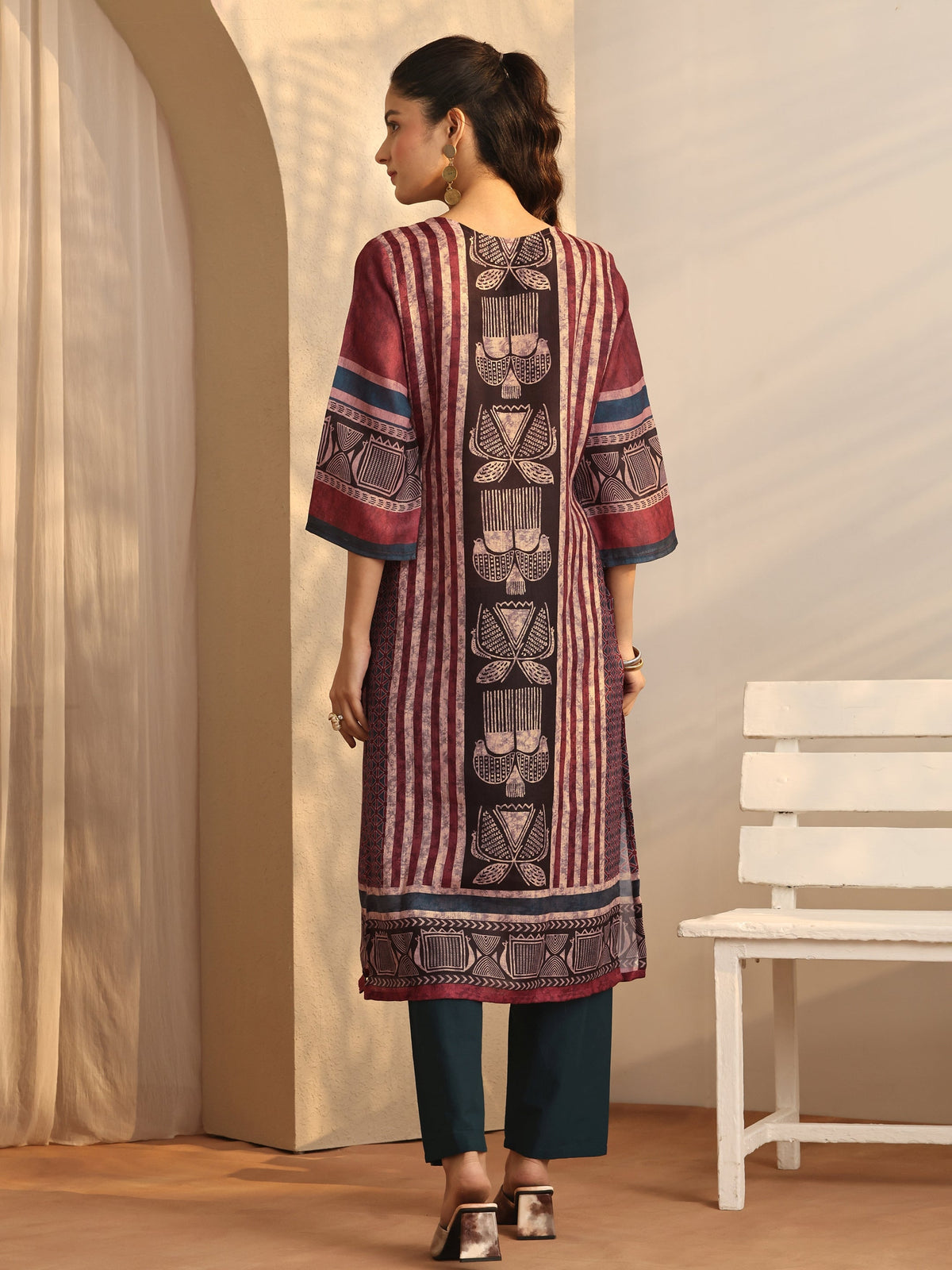 Libas Maroon Striped Printed Cotton Blend Straight Kurta