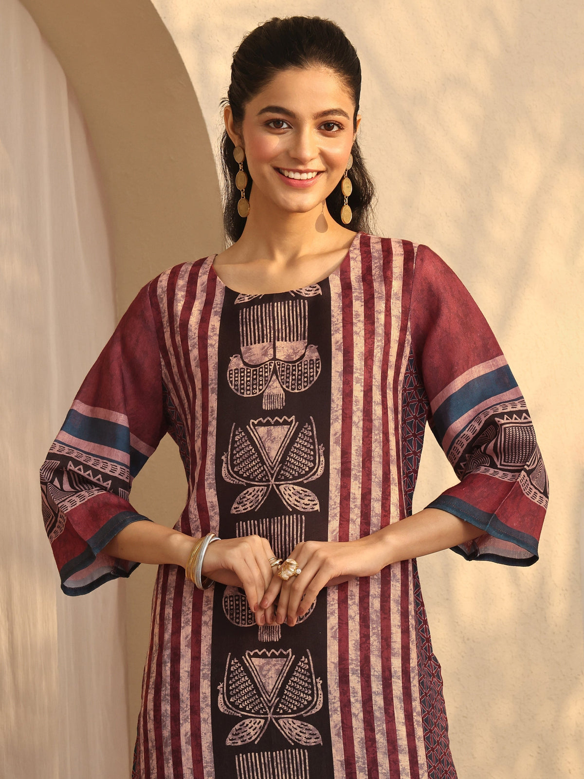 Libas Maroon Striped Printed Cotton Blend Straight Kurta