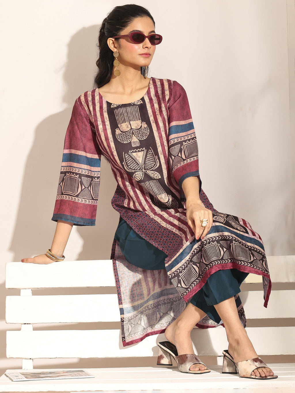 Libas Maroon Striped Printed Cotton Blend Straight Kurta