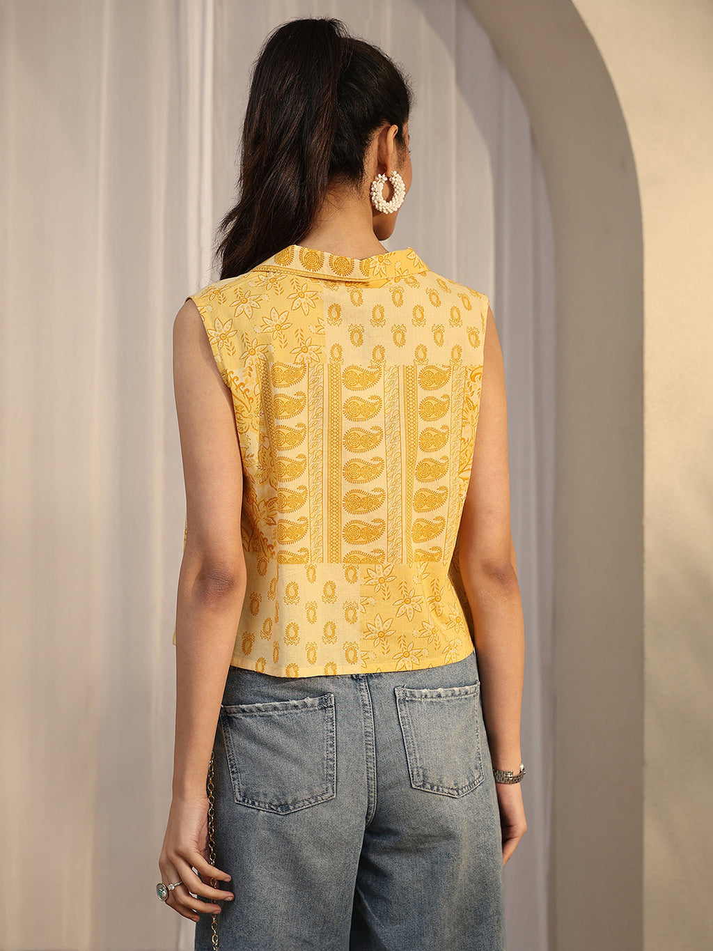 Libas Yellow Printed Cotton Straight Short Kurti