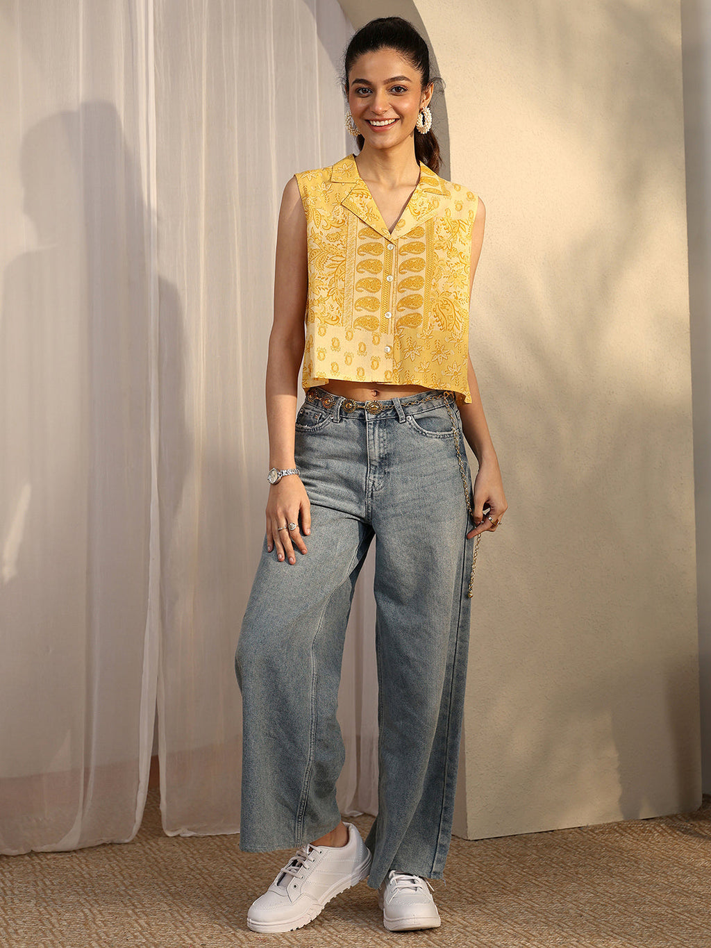 Libas Yellow Printed Cotton Straight Short Kurti