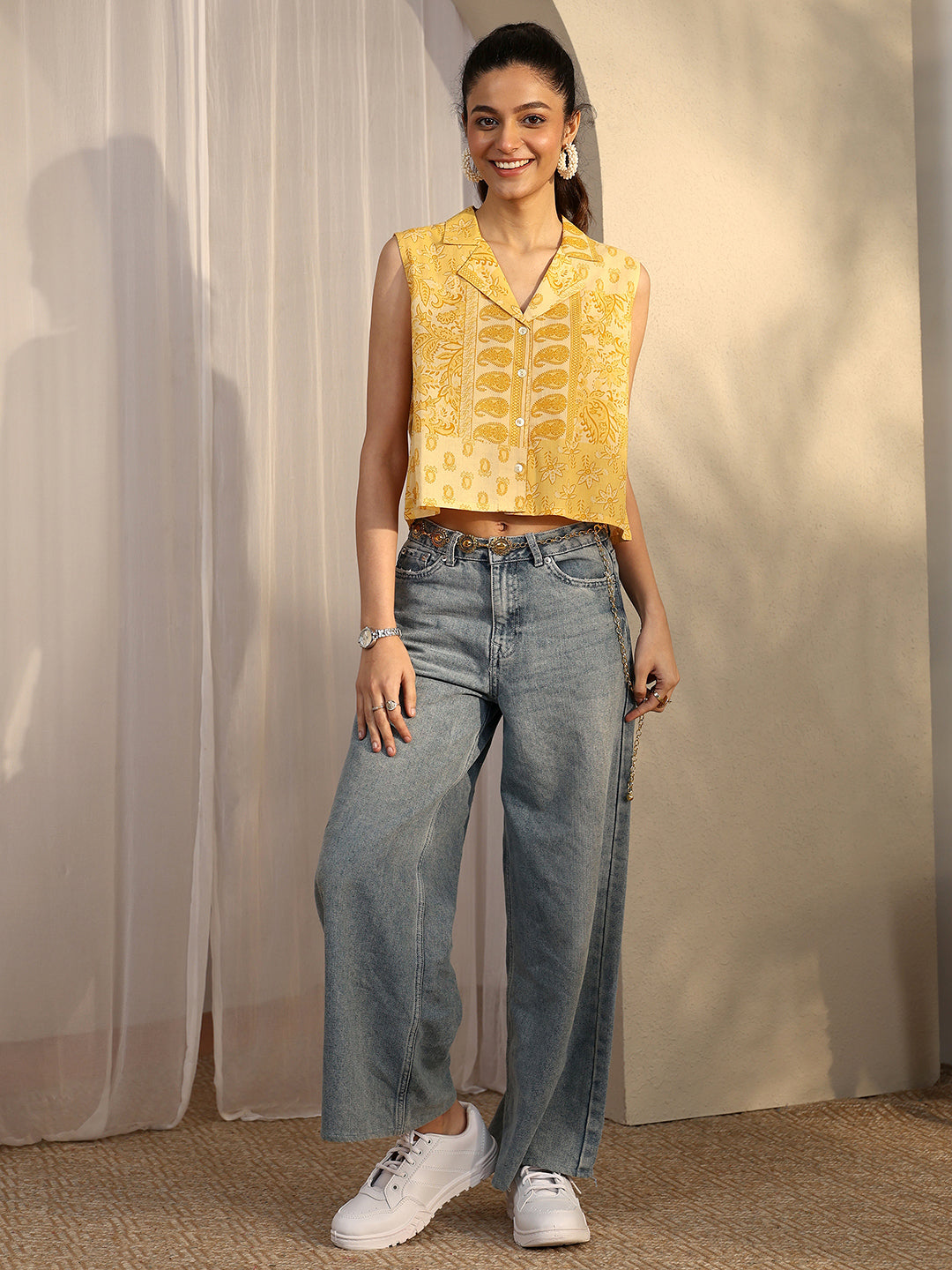 Libas Yellow Printed Cotton Straight Short Kurti