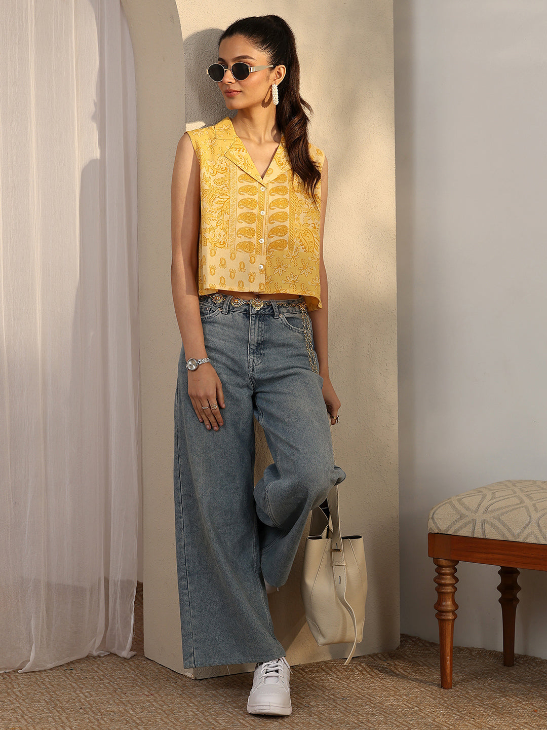 Libas Yellow Printed Cotton Straight Short Kurti
