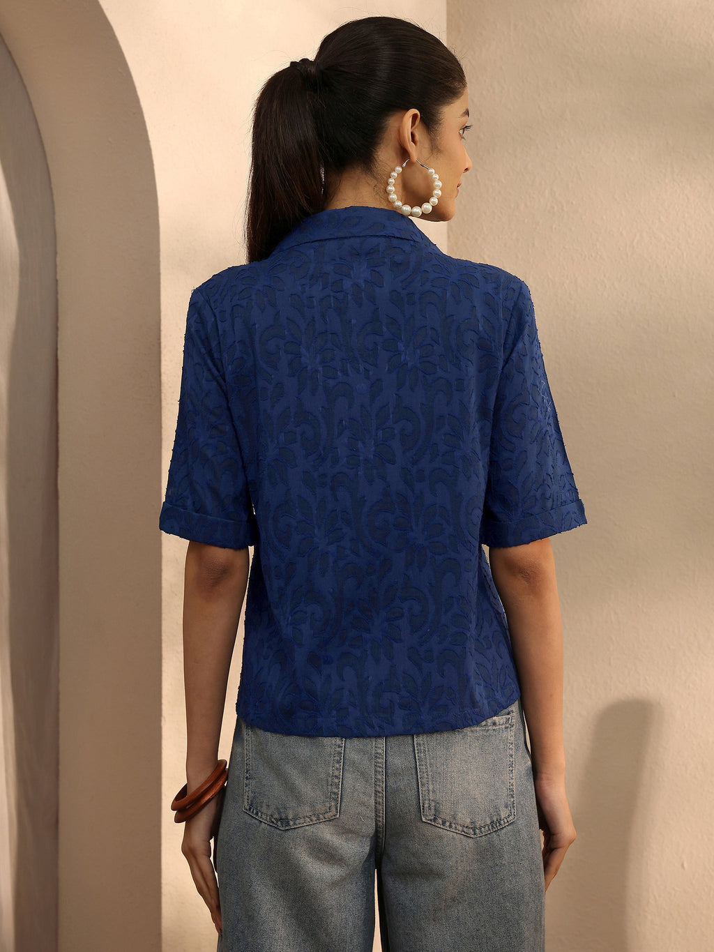 Libas Blue Self Design Cotton Straight Shirt
