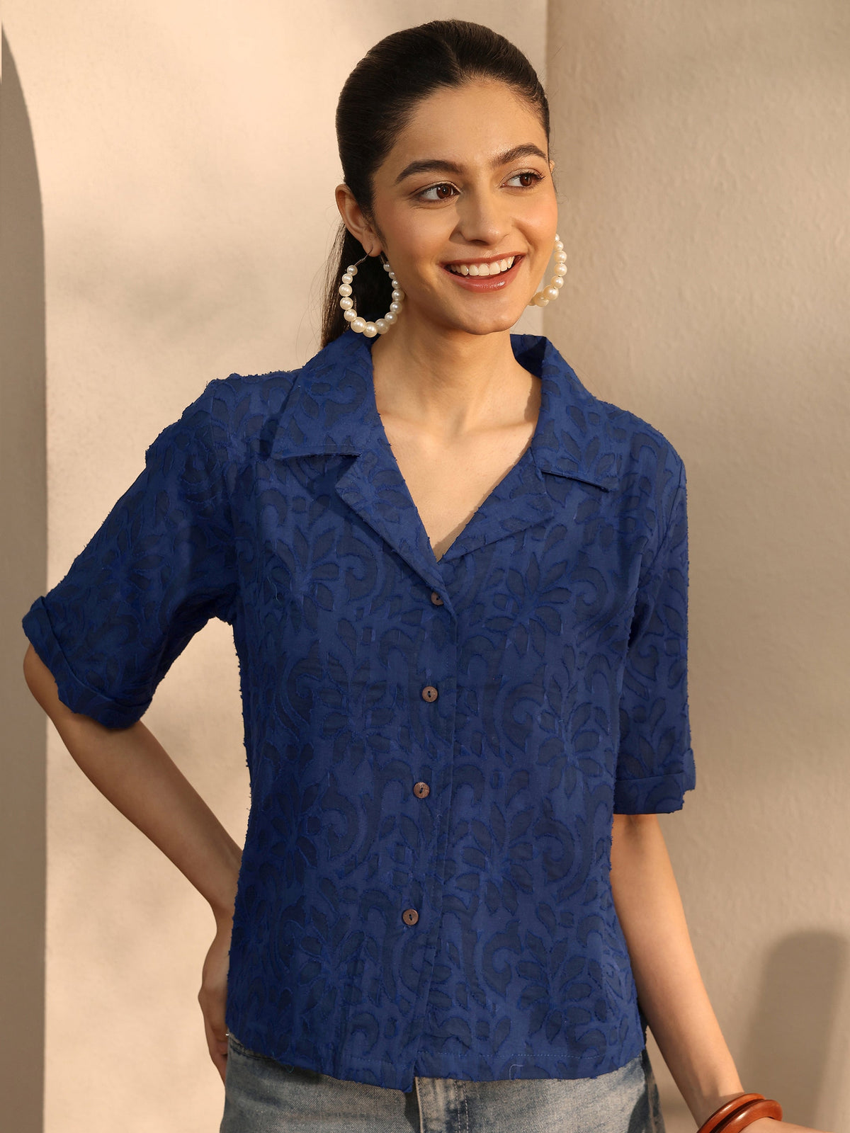 Libas Blue Self Design Cotton Straight Shirt