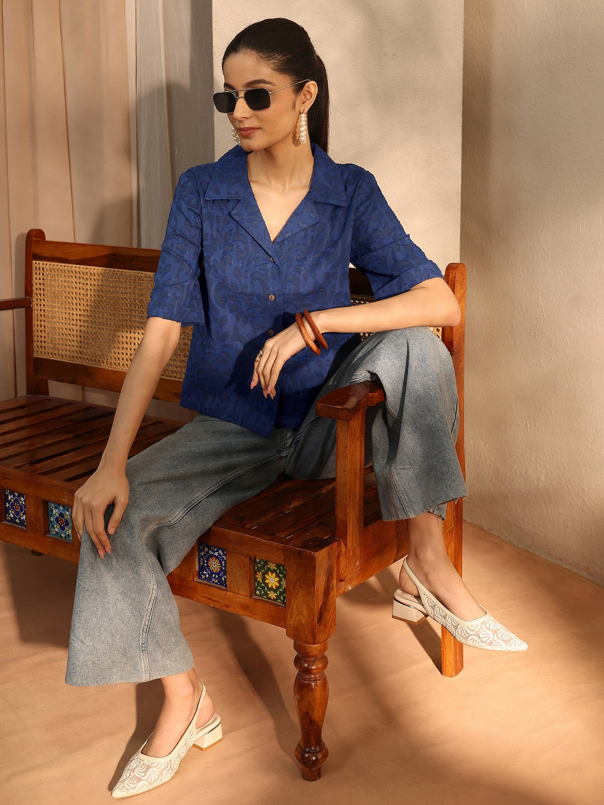 Libas Blue Self Design Cotton Straight Shirt