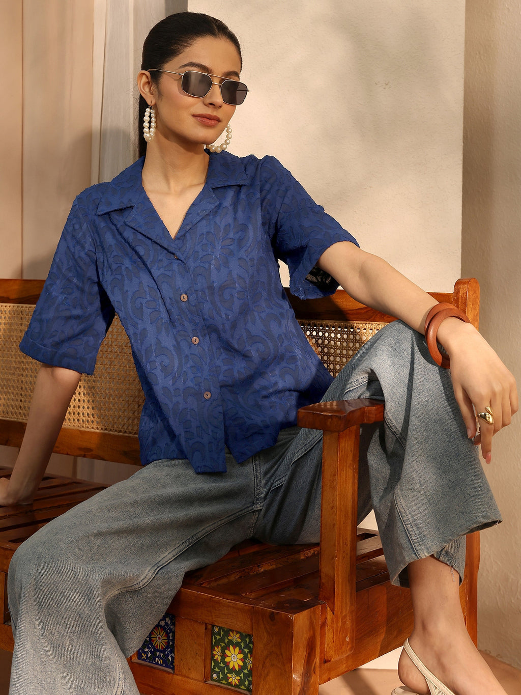 Libas Blue Self Design Cotton Straight Shirt