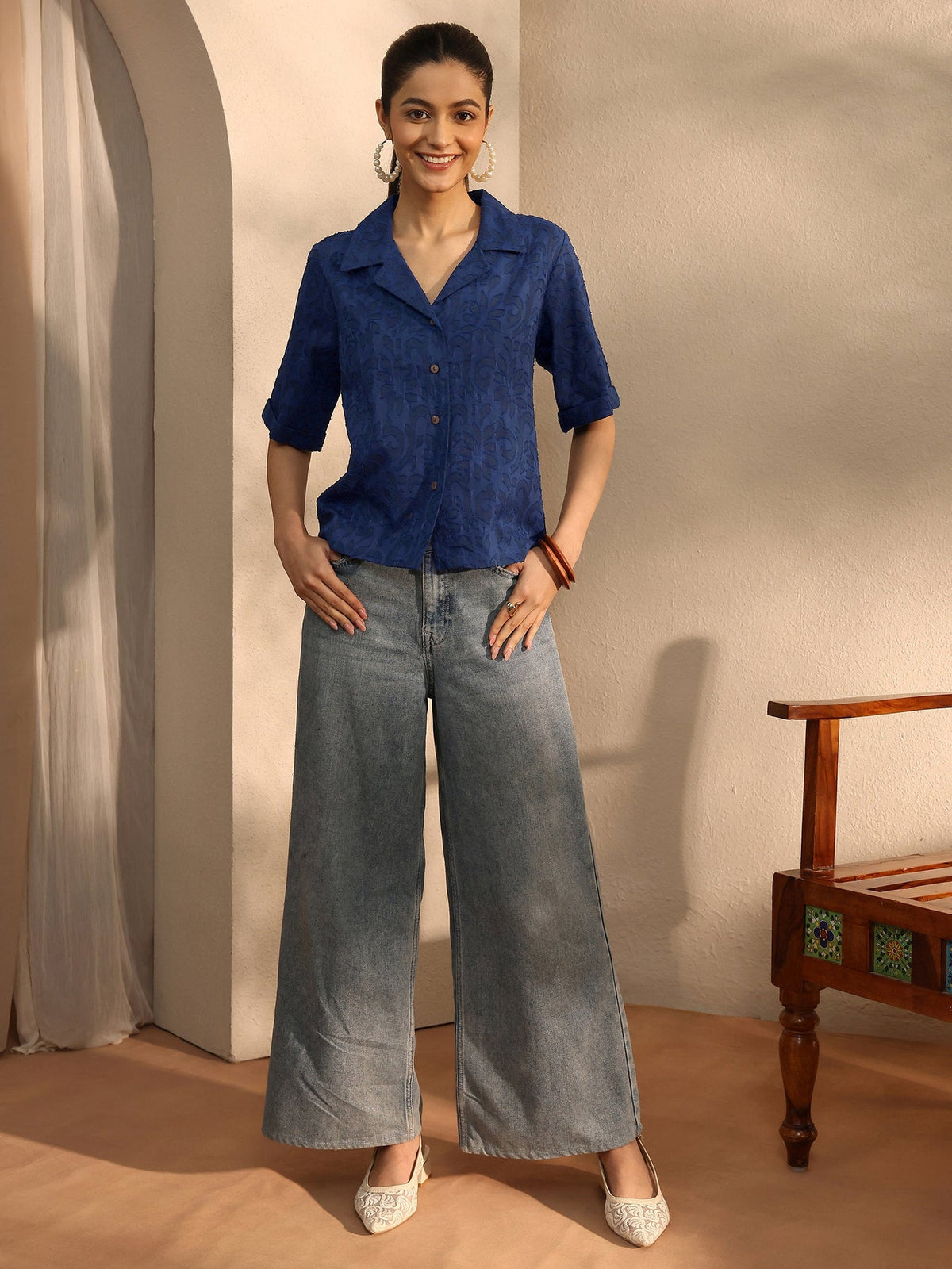 Libas Blue Self Design Cotton Straight Shirt K60