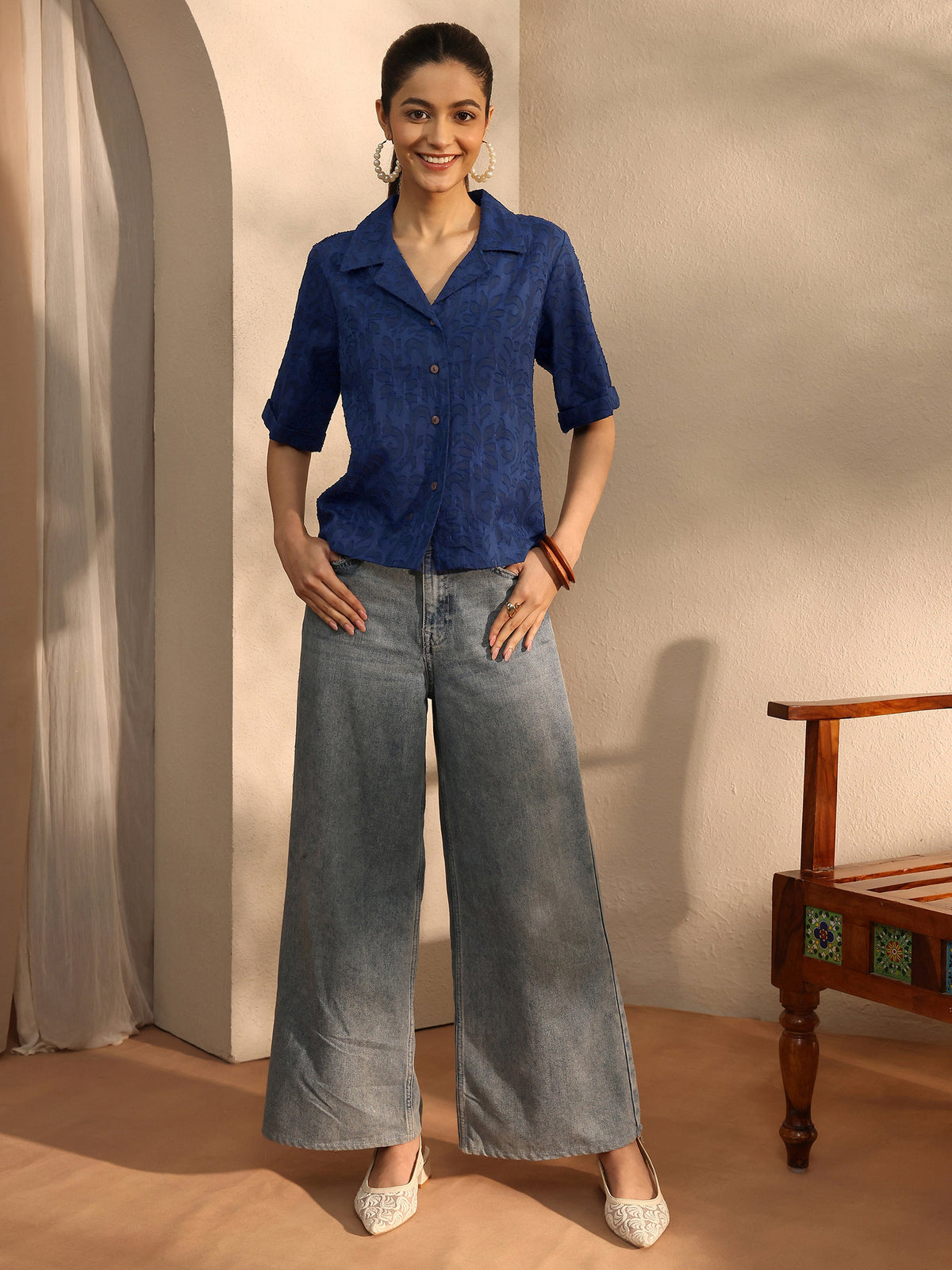 Libas Blue Self Design Cotton Straight Shirt