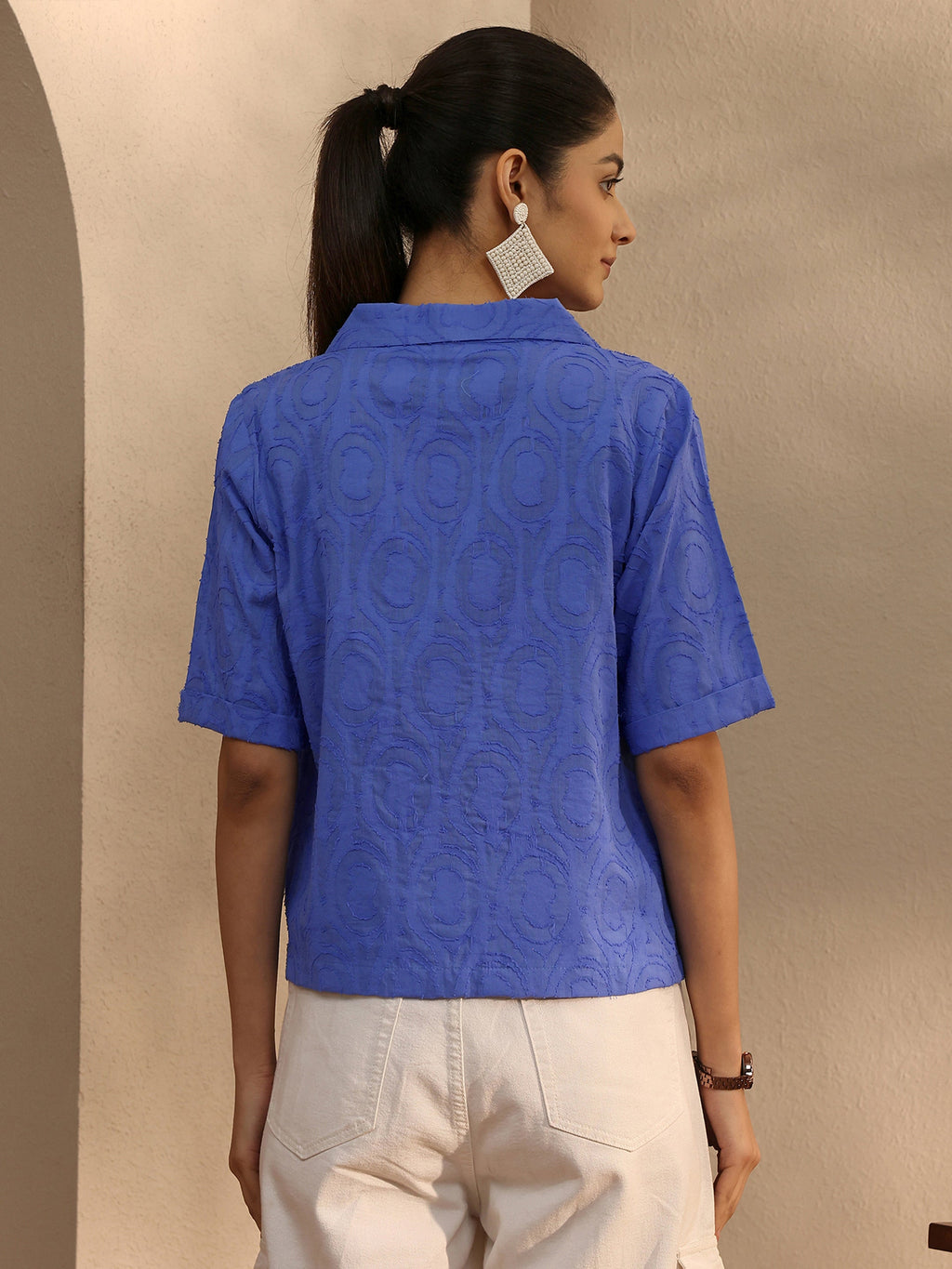 Libas Blue Self Design Cotton Straight Shirt