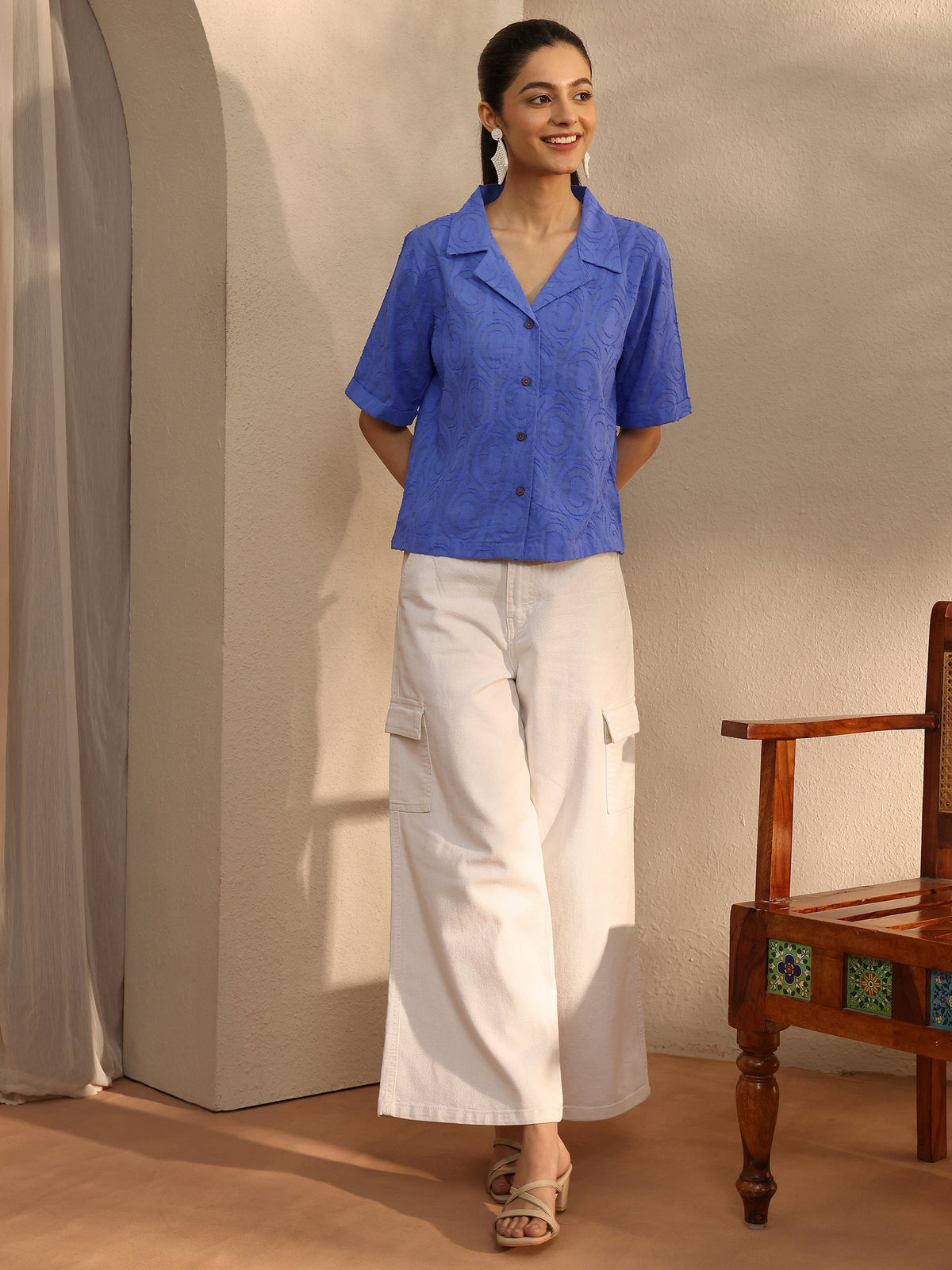 Libas Blue Self Design Cotton Straight Shirt