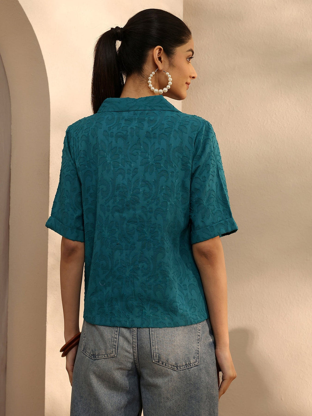 Libas Teal Self Design Cotton Straight Shirt K60