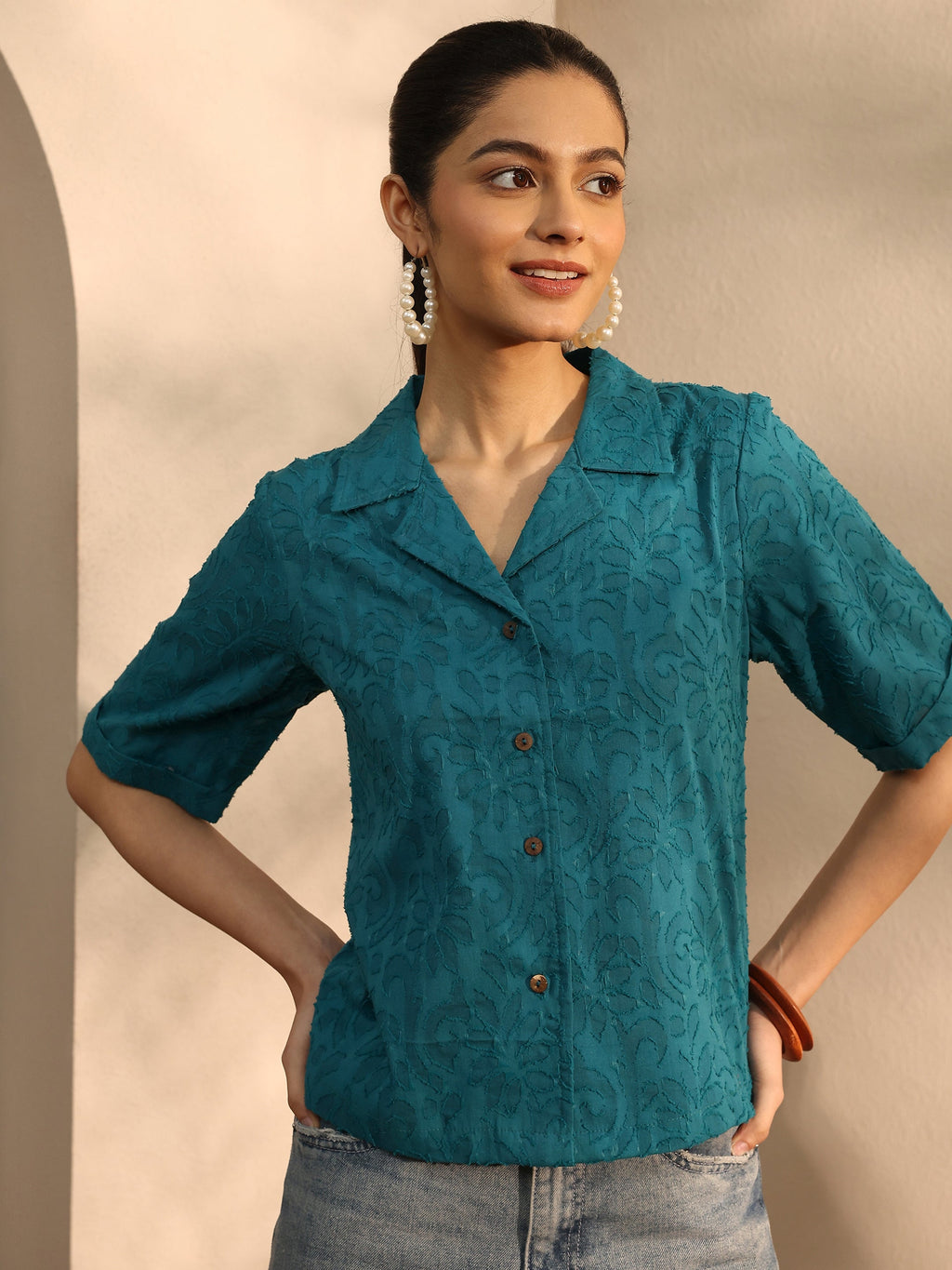 Libas Teal Self Design Cotton Straight Shirt