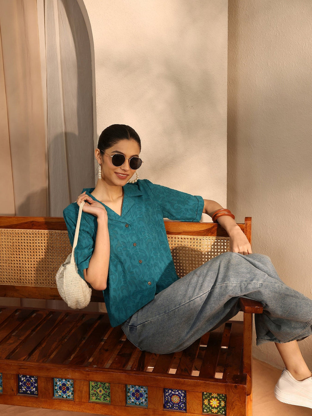 Libas Teal Self Design Cotton Straight Shirt K60