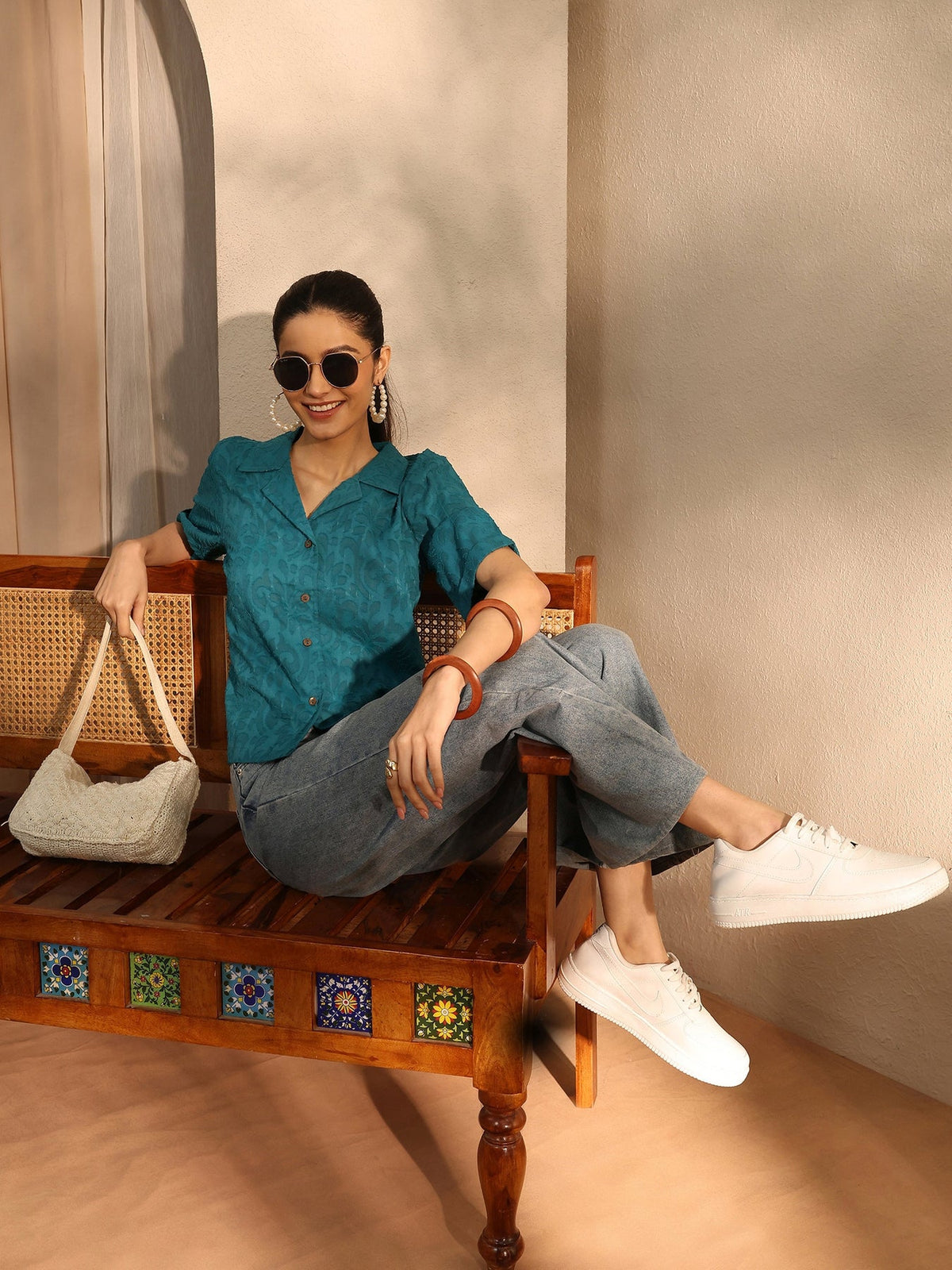Libas Teal Self Design Cotton Straight Shirt K60