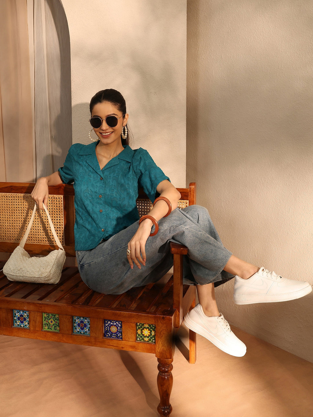 Libas Teal Self Design Cotton Straight Shirt