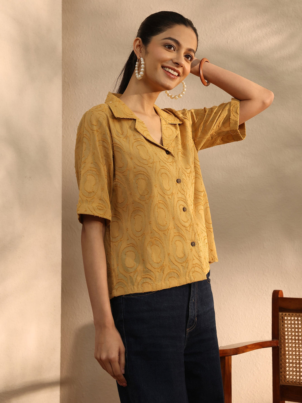 Libas Mustard Self Design Cotton Straight Shirt