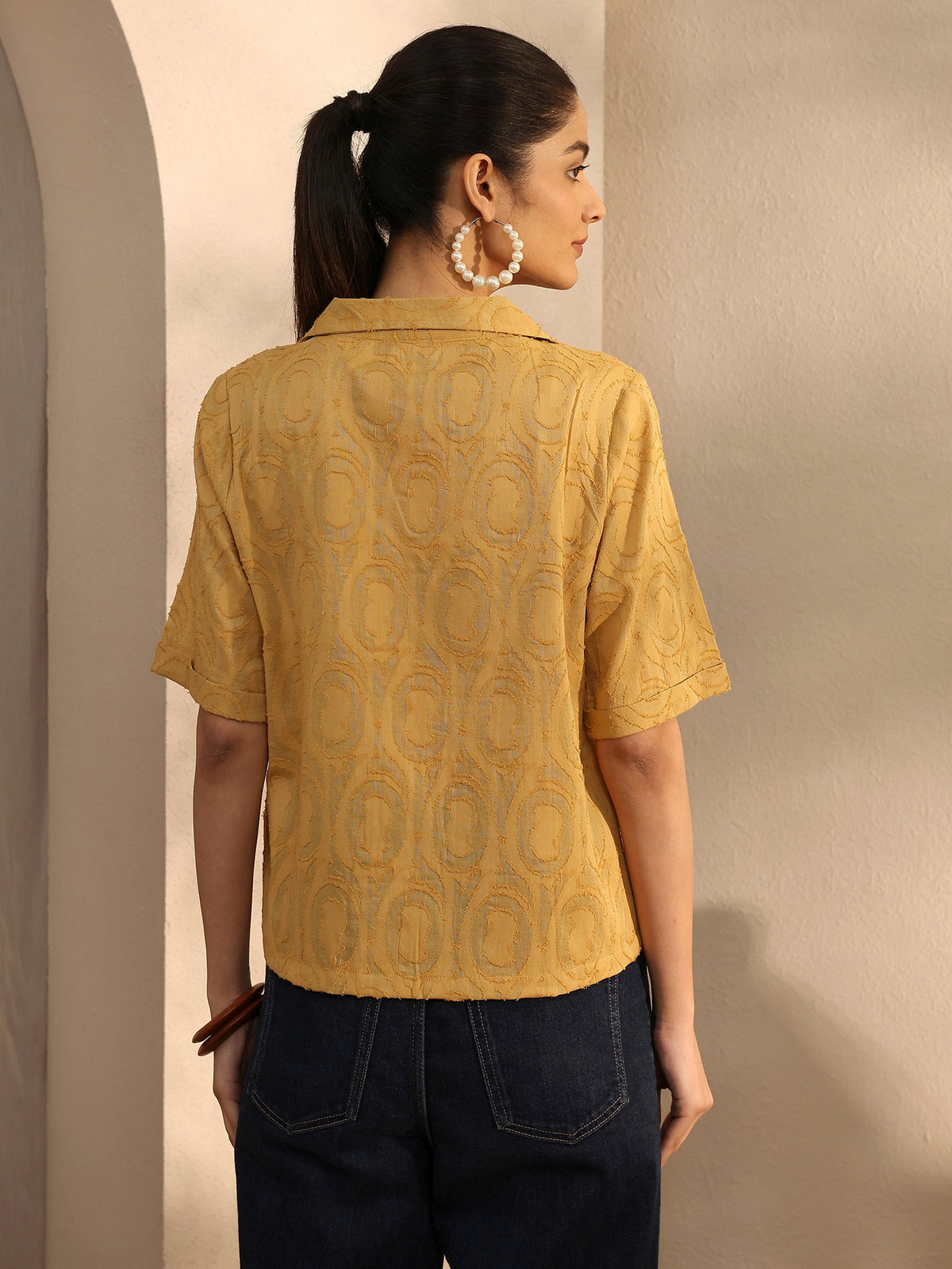 Libas Mustard Self Design Cotton Straight Shirt