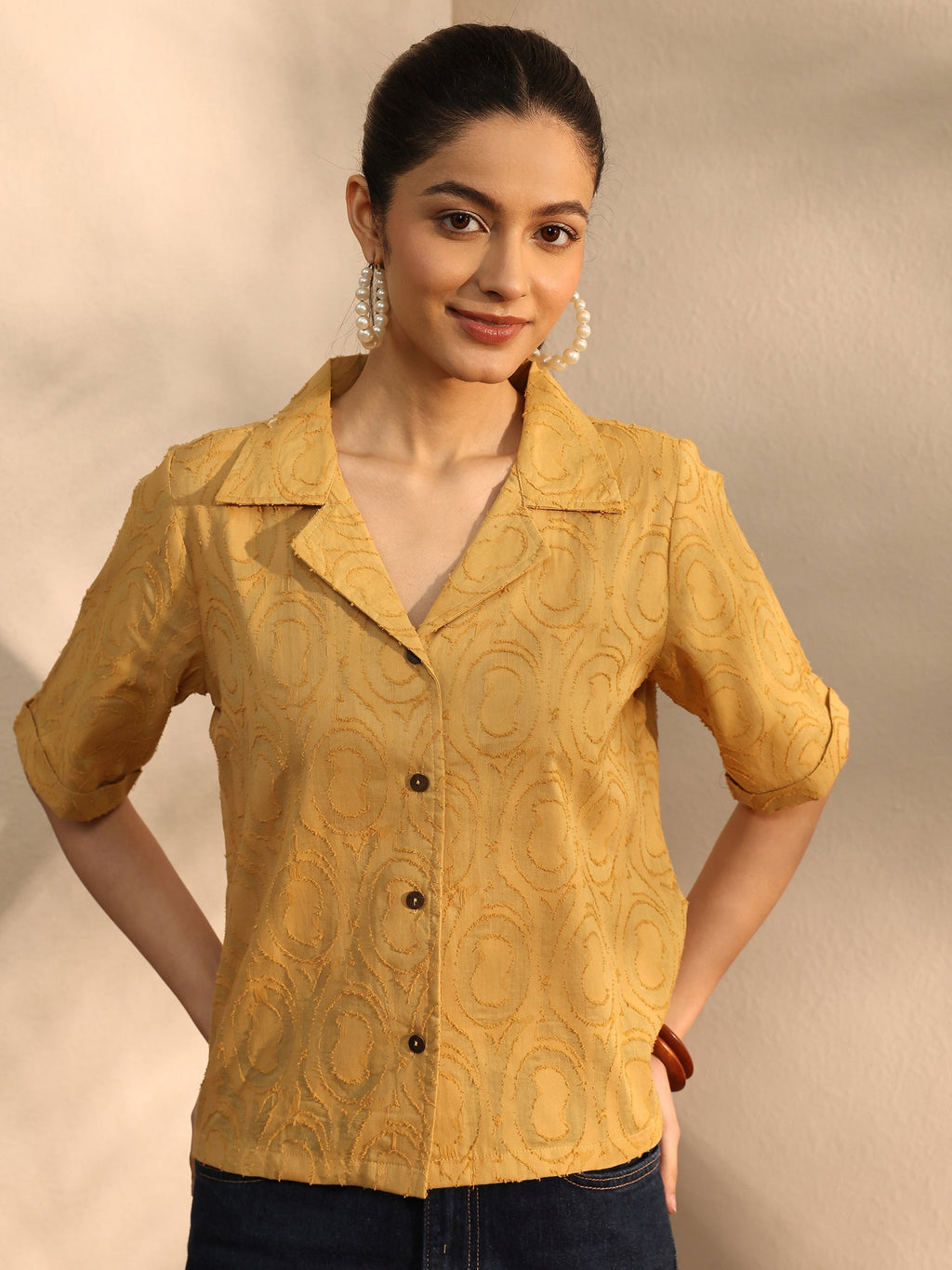 Libas Mustard Self Design Cotton Straight Shirt