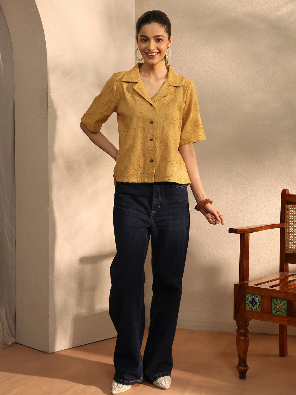 Libas Mustard Self Design Cotton Straight Shirt