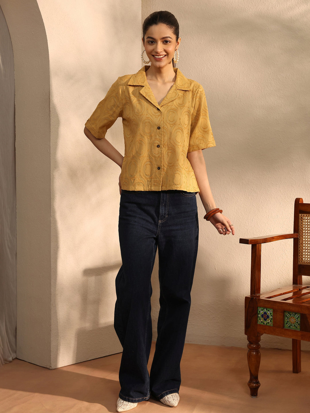 Libas Mustard Self Design Cotton Straight Shirt