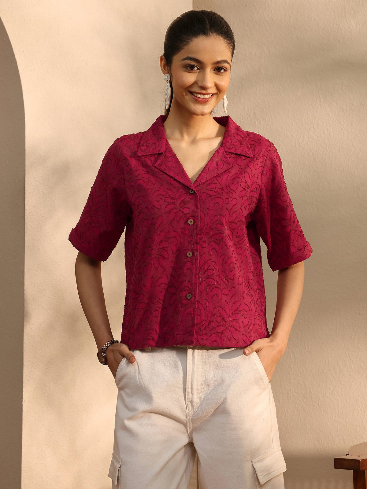 Libas Maroon Self Design Cotton Straight Shirt