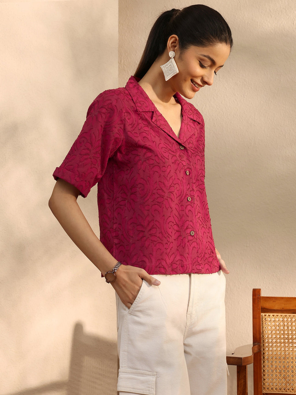 Libas Maroon Self Design Cotton Straight Shirt