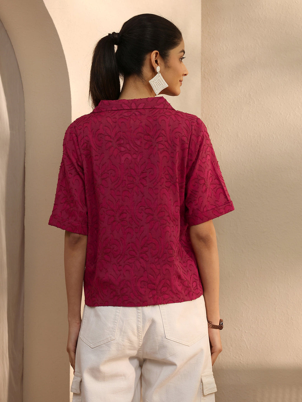Libas Maroon Self Design Cotton Straight Shirt