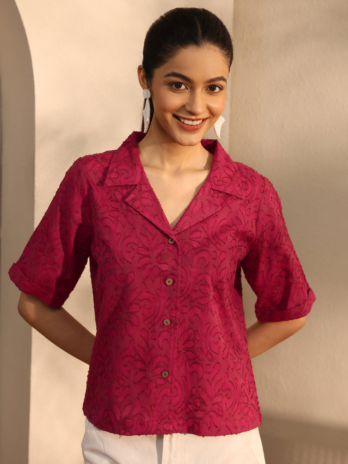 Libas Maroon Self Design Cotton Straight Shirt
