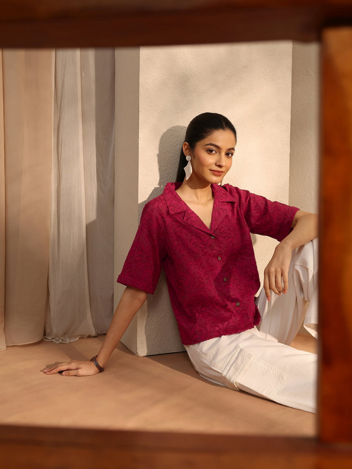 Libas Maroon Self Design Cotton Straight Shirt