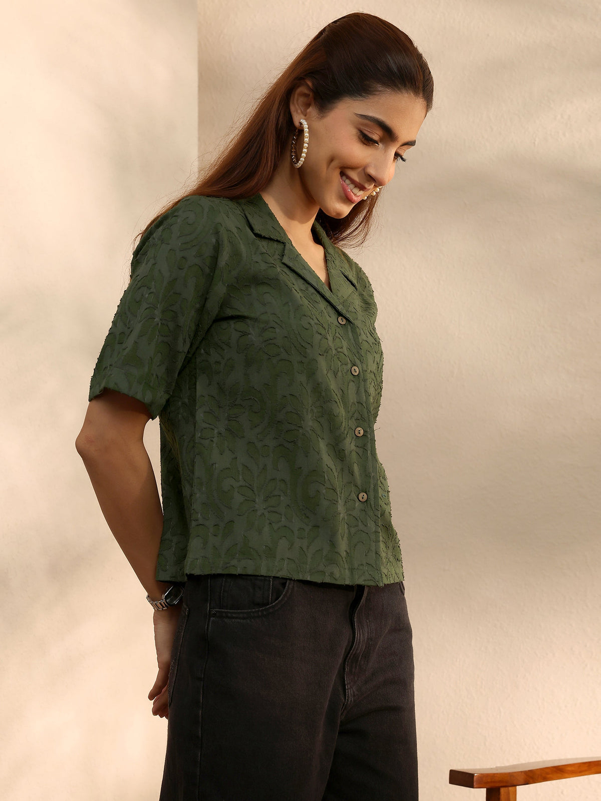 Libas Green Self Design Cotton Straight Shirt