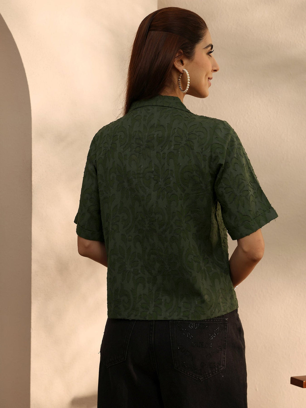 Libas Green Self Design Cotton Straight Shirt K60
