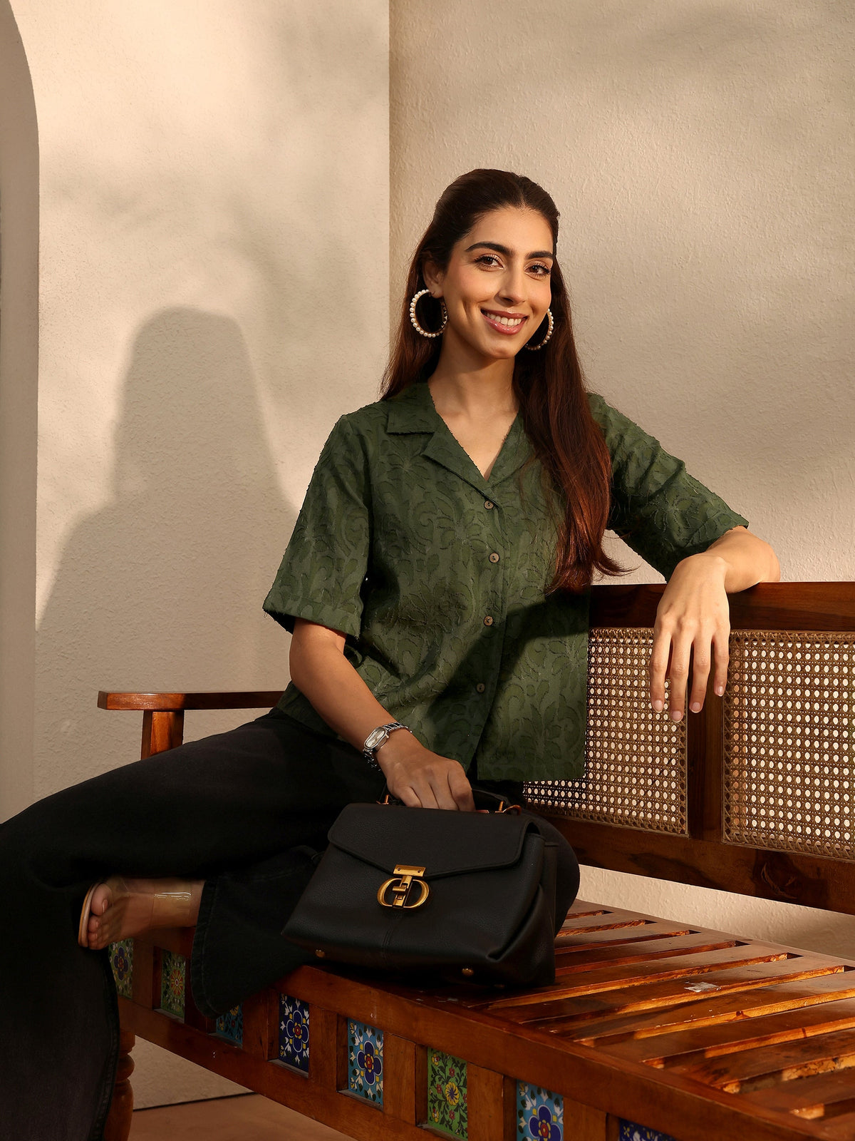 Libas Green Self Design Cotton Straight Shirt