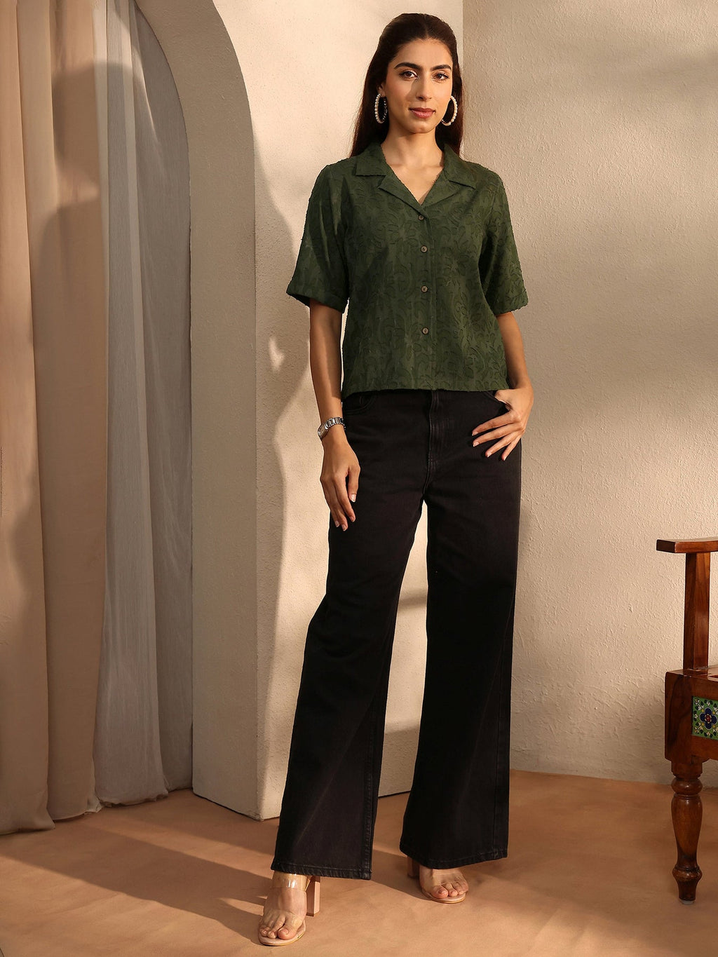 Libas Green Self Design Cotton Straight Shirt K60