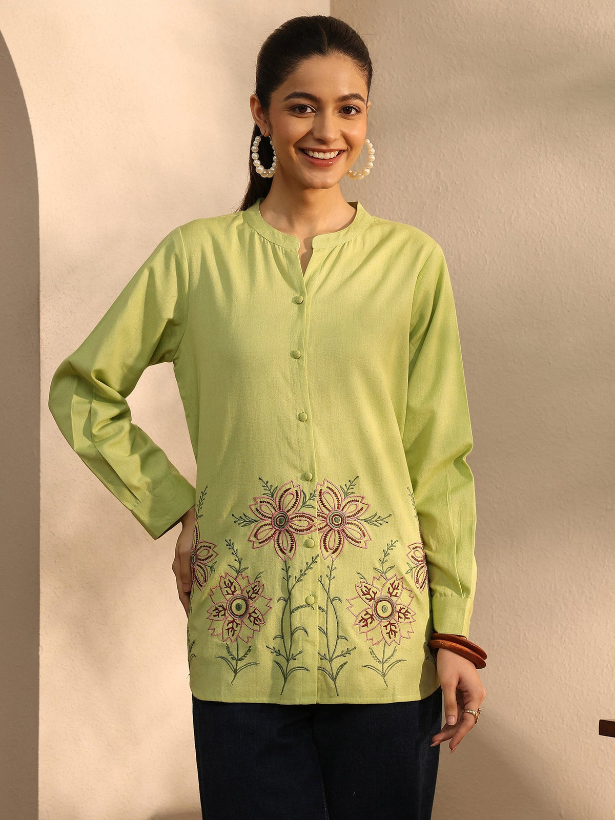 Libas Yellow Floral Embroidered Linen Shirt K60