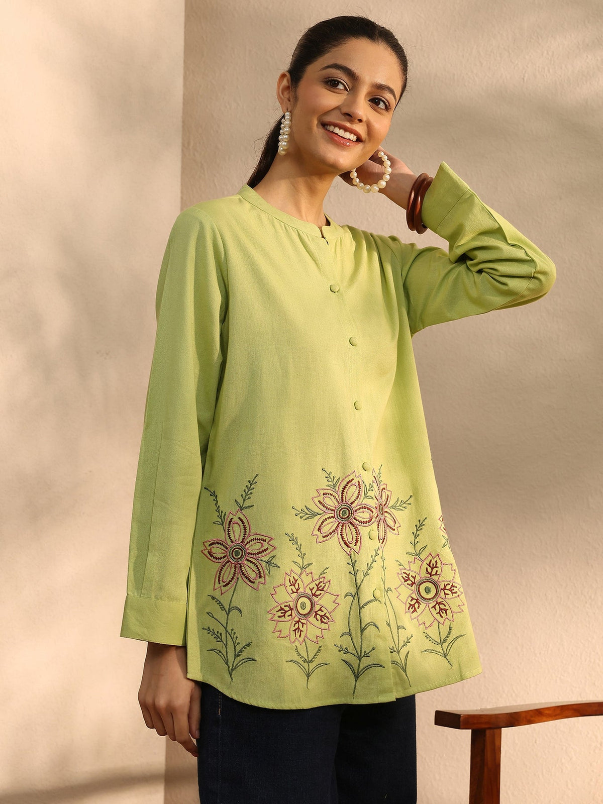 Libas Yellow Floral Embroidered Linen Shirt K60