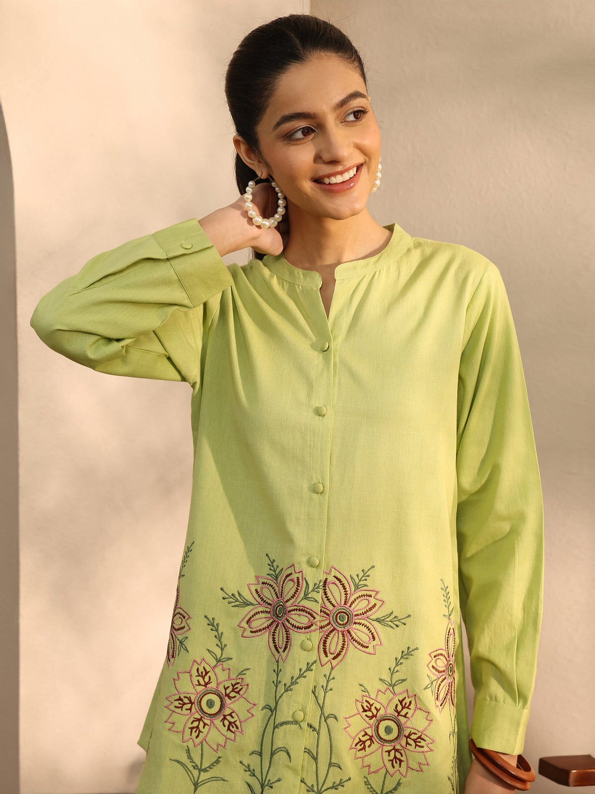 Libas Yellow Floral Embroidered Linen Shirt K60