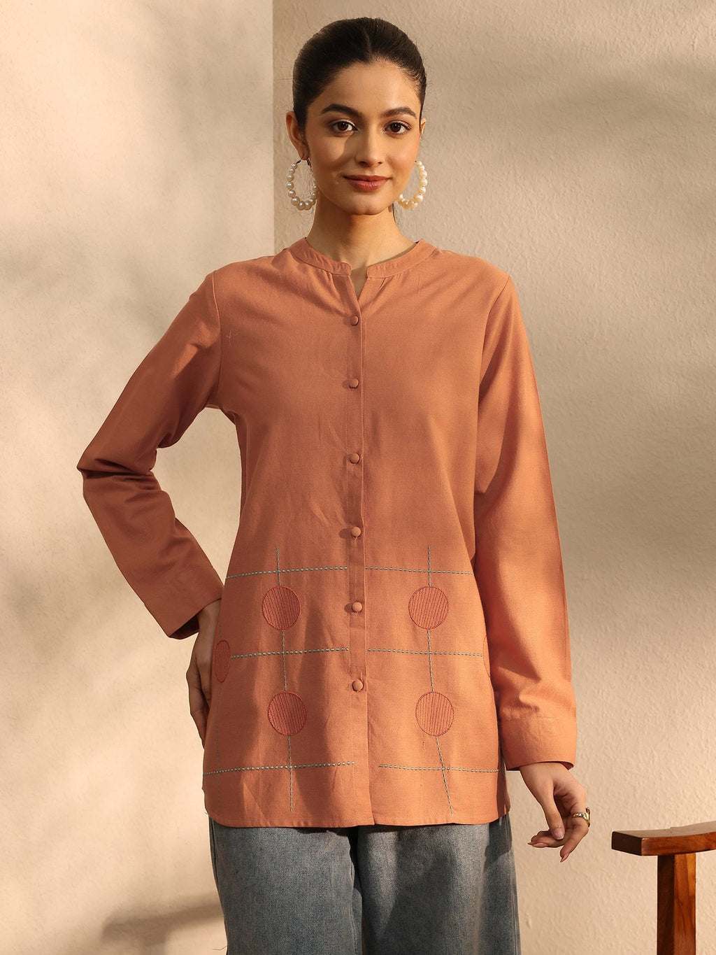 Libas Rust Self Design Linen Shirt K60