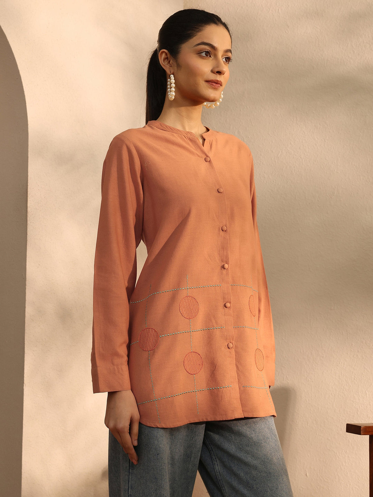 Libas Rust Self Design Linen Shirt
