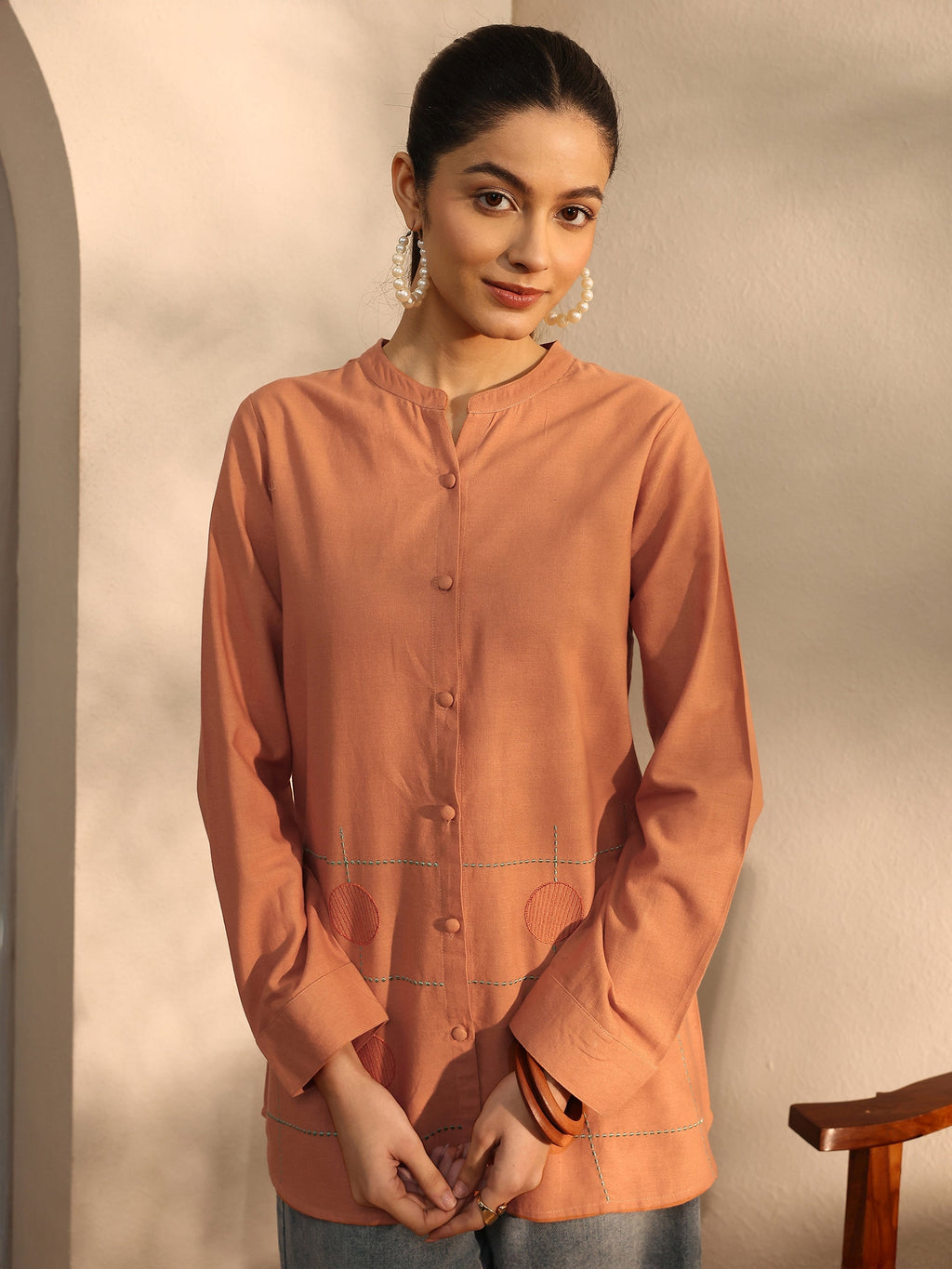 Libas Rust Self Design Linen Shirt