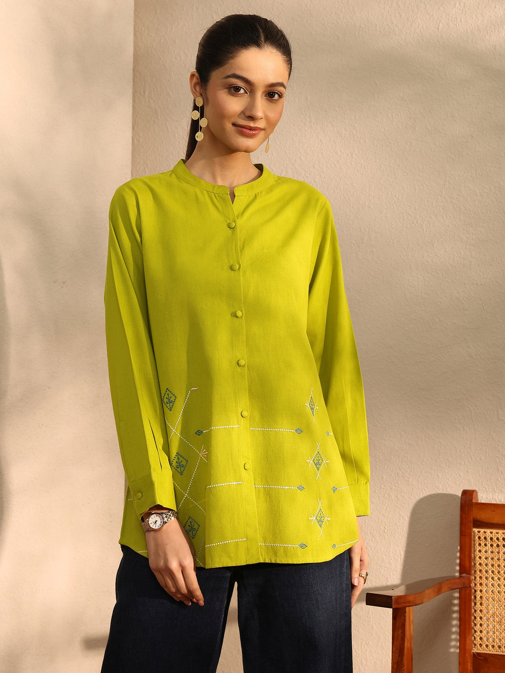 Libas Lime Green Self Design Linen Shirt