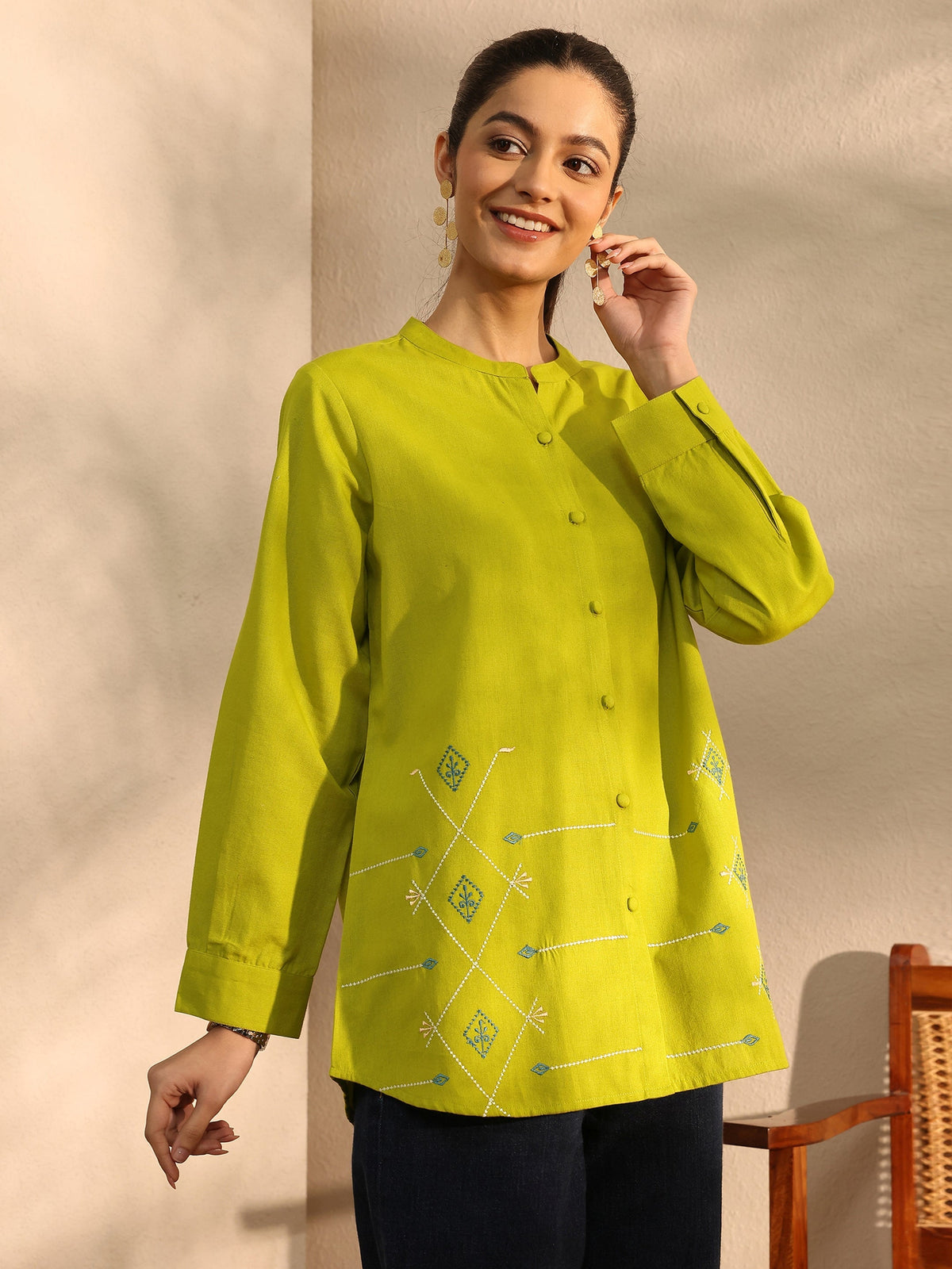 Libas Lime Green Self Design Linen Shirt