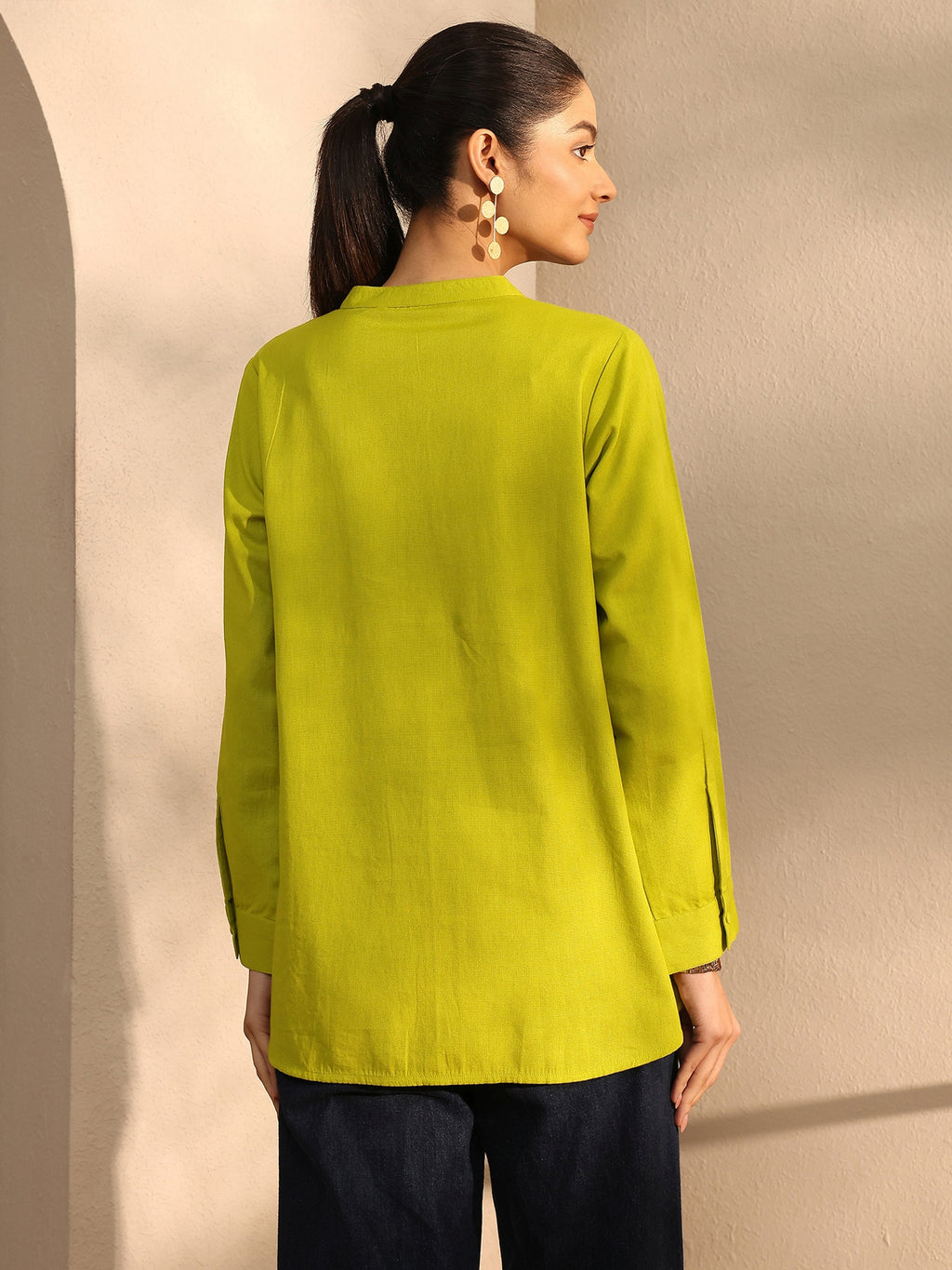 Libas Lime Green Self Design Linen Shirt