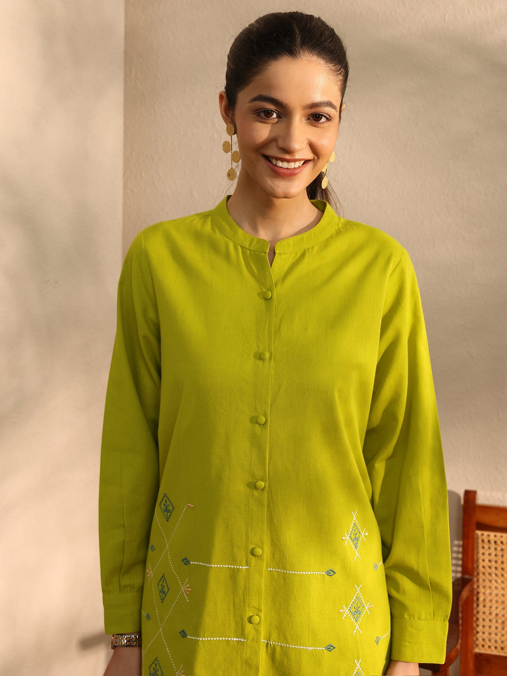 Libas Lime Green Self Design Linen Shirt